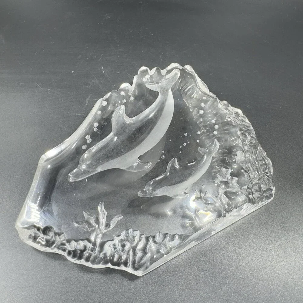 Vintage Clear Crystal Glass Plaque‎ Paperweight Dolphins Figurine Decorative VTG
